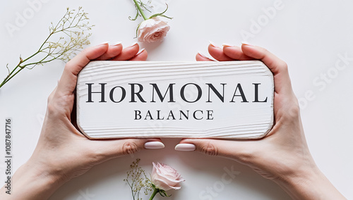 female hands with the inscription hormonal balance, flowers