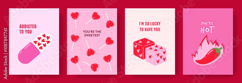 Hand drawn greeting cards set of Valentines Day and Love with typography. Cartoon design with romantic elements, heart shapes, lollypops, pill, dice. Vector concept for print, banner, invitation.