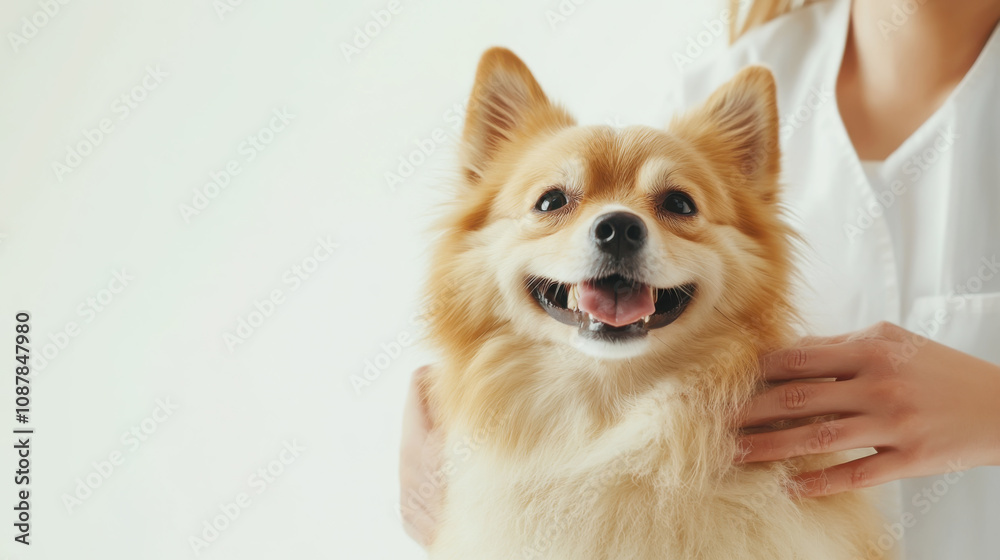 Happy dog being groomed by pet sitter in studio setting Happy dog being groomed by pet sitter in studio setting