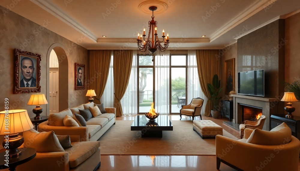 Fototapeta premium Modern living room interior with fireplace, featuring comfortable seating, stylish decor, and large windows