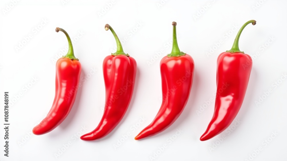 Artfully arranged glossy red chili peppers on a clean white surface Artfully arranged glossy red chili peppers on a clean white surface