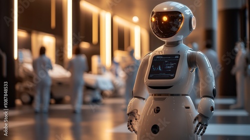 A white humanoid robot stands in a hospital hallway with medical staff and a patient in the background.