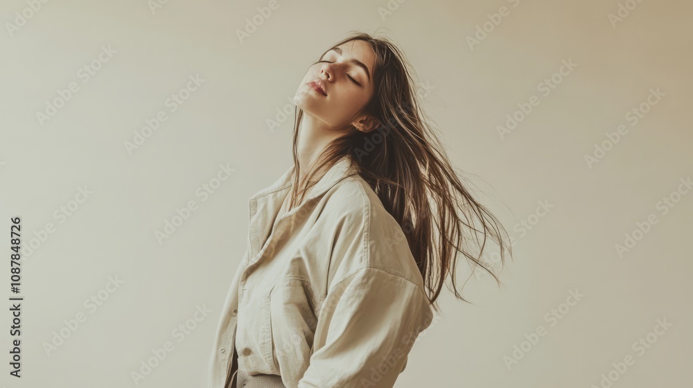 A woman with long brown hair wearing a beige jacket stands with her eyes closed, her head tilted back. A woman with long brown hair wearing a beige jacket stands with her eyes closed, her head tilted back.
