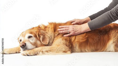 Professional pet care specialist giving relaxing massage to golden retriever photo