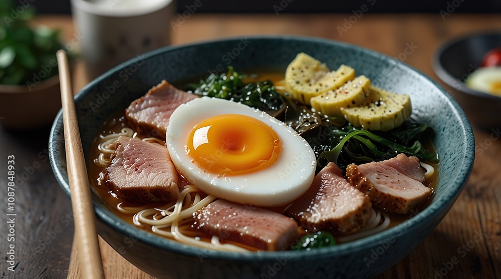 Ramen bowl with steaming broth Ramen bowl with steaming broth