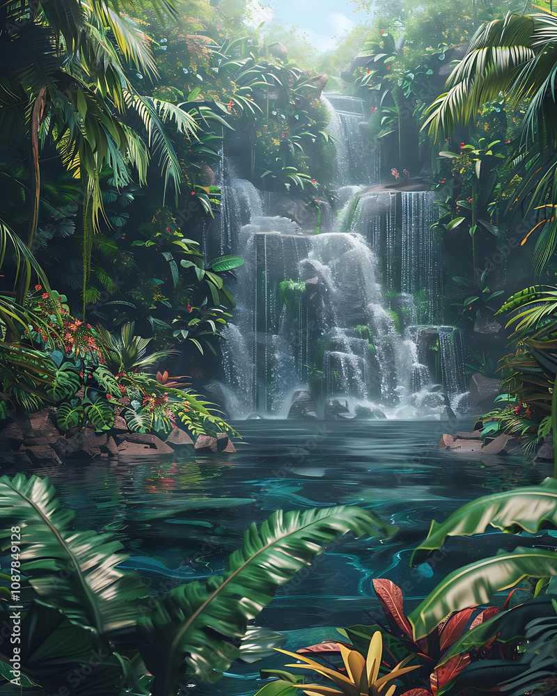 Naklejka premium A Picturesque Waterfall in a Tropical Jungle, Surrounded by Lush Greenery and Cascading Waters Into a Crystal-Clear Pool