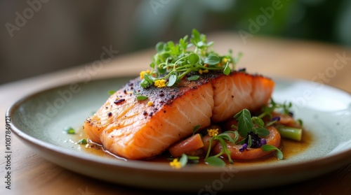 Elegant Grilled Salmon Plated with Edible Flowers and Microgreens. 