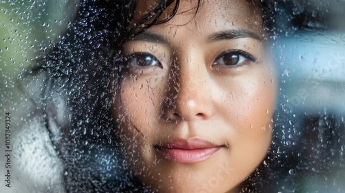 A woman with wet hair looks out through a window with raindrops on the glass.