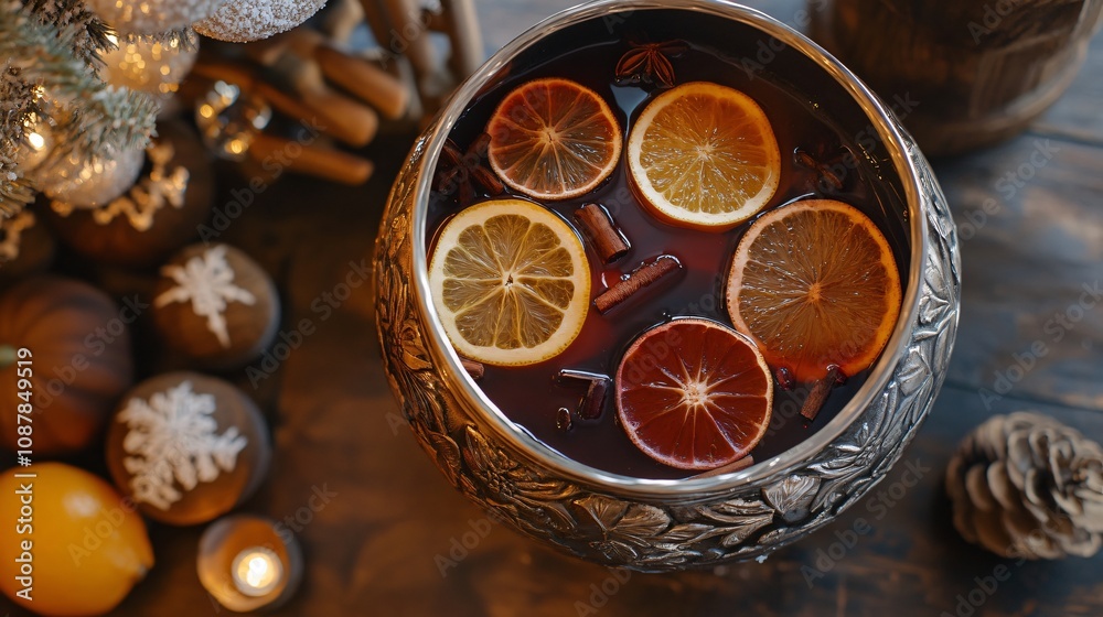 Close up of mulled wine with citrus slices, surrounded by handmade wooden holiday decorations
