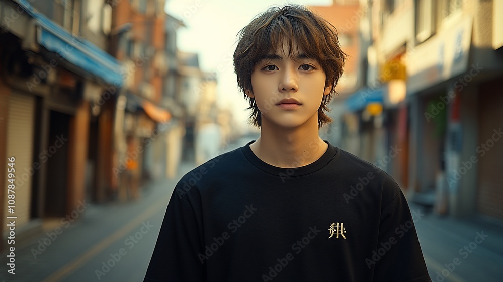 Fototapeta premium A young person stands in a quiet street, exuding a contemplative vibe amidst urban surroundings.