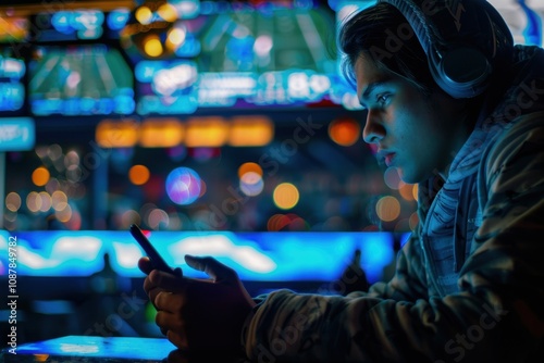 Man focused on live sports betting amidst dynamic visuals photo