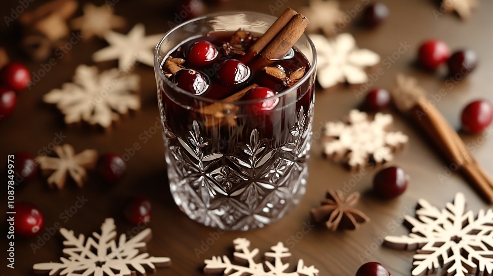 Mulled wine in a frosted glass, surrounded by wooden snowflakes, cranberries, and warm holiday spices Mulled wine in a frosted glass, surrounded by wooden snowflakes, cranberries, and warm holiday spices