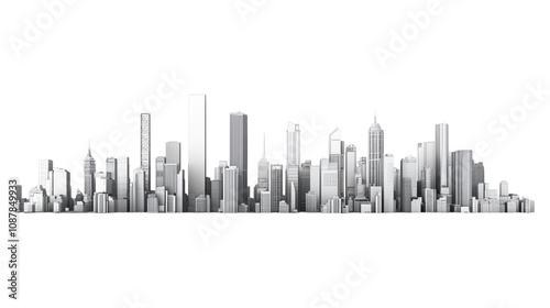 Monochrome city skyline against transparent background for urban-themed or architectural design projects