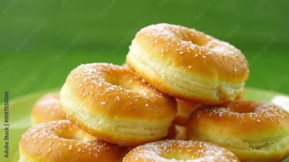 4K Side-Angle Shot of Sugared Donuts Stacked on Green Surface with Soft Focus Background 4K Side-Angle Shot of Sugared Donuts Stacked on Green Surface with Soft Focus Background