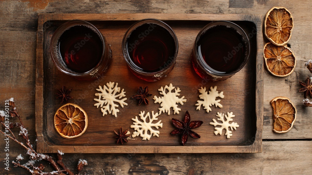 Mulled wine on a rustic wooden tray, with snowflake-shaped cookies and dried citrus slices scattered around Mulled wine on a rustic wooden tray, with snowflake-shaped cookies and dried citrus slices scattered around