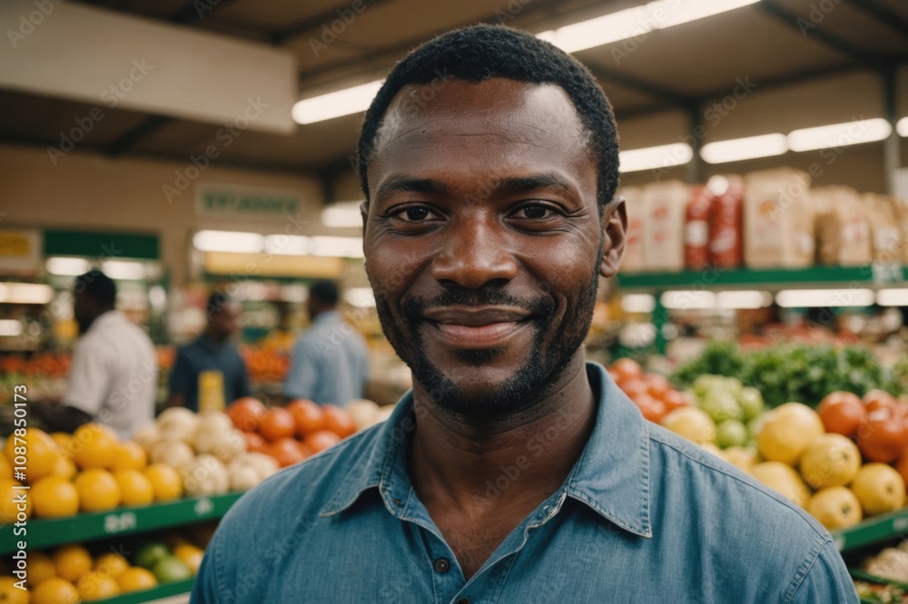 Close portrait of a smiling 40s Central African male grocer standing and looking at the camera, Central African grocery store blurred background Close portrait of a smiling 40s Central African male grocer standing and looking at the camera, Central African grocery store blurred background