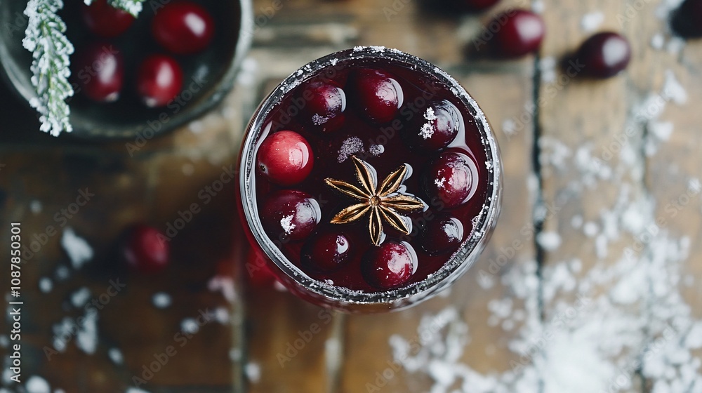 Mulled wine with a festive garnish of star anise and cranberries, styled with rustic wooden textures and snowy accents