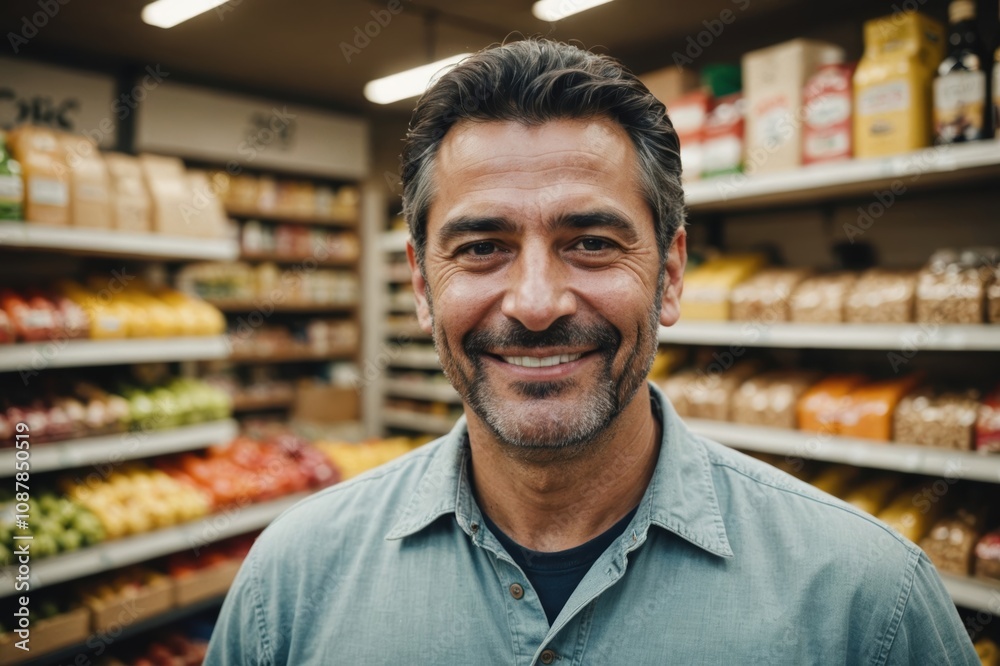 Close portrait of a smiling 40s Chilean male grocer standing and looking at the camera, Chilean grocery store blurred background Close portrait of a smiling 40s Chilean male grocer standing and looking at the camera, Chilean grocery store blurred background