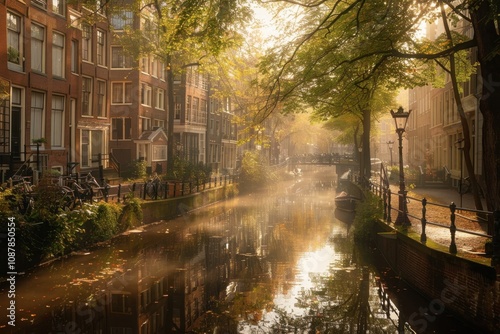 Charming houses reflected in Amsterdams Bloemgracht canal under sunlight photo