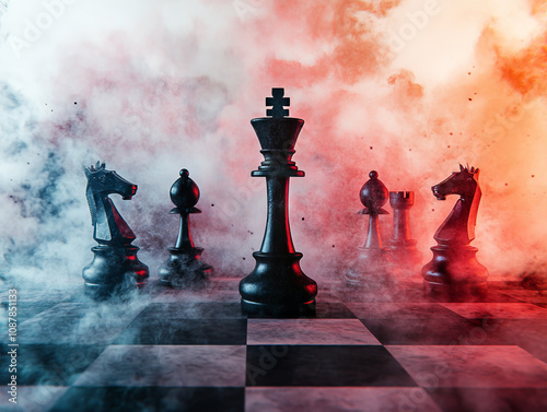 Dramatic chessboard scene with smoke and intense lighting