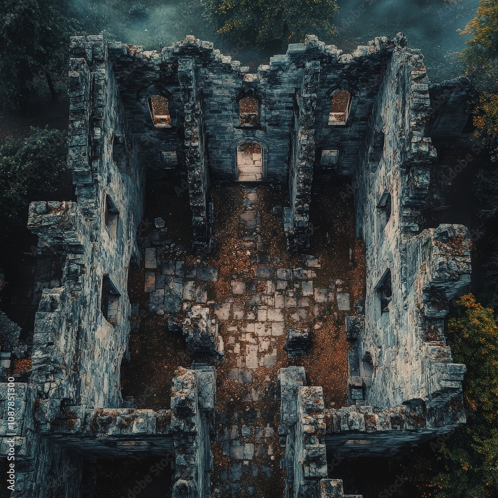 Top View of Ancient Stone Ruins with Central Circle Design Top View of Ancient Stone Ruins with Central Circle Design
