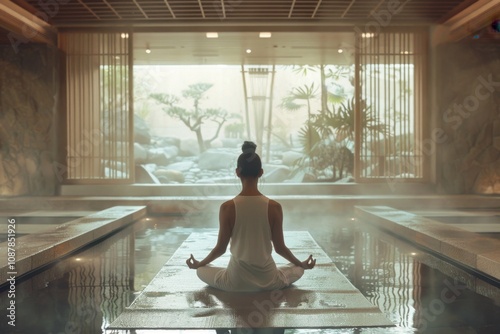 Japanese woman meditates in calm health club during yoga practice photo