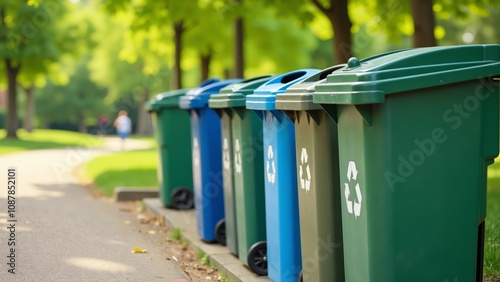 Colorful recycling bins lined along a serene path in the heart of a lush park during daytime