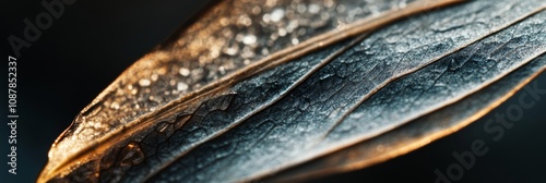 Close up of a detailed dried leaf highlighting its texture against a dark bac...