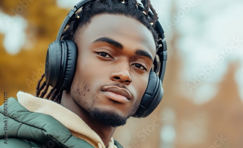 Young man wearing headphones enjoys music outdoors on a cloudy day in an urba...