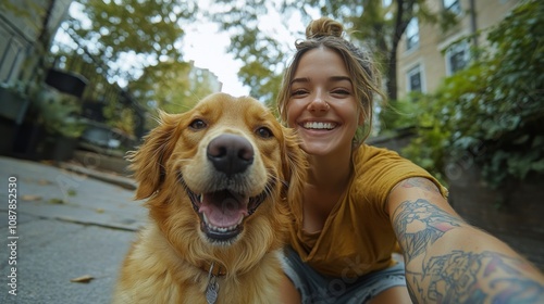 Joyful woman and golden retriever enjoy a sunny day in a charming neighborhoo...