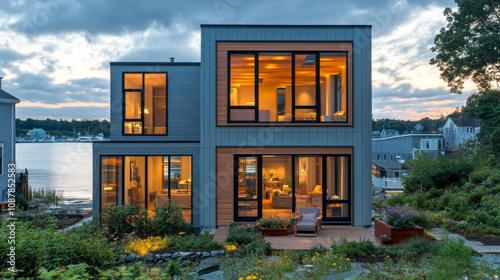 Modern lakeside house at twilight with large windows and serene surroundings