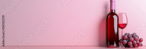 Elegant red wine bottle and glass beside fresh grapes on a soft pink background
