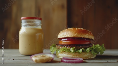 Delicious hamburger with fresh lettuce, tomato, and onion alongside creamy sa...