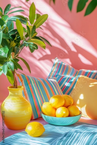 Bright and cheerful indoor decor featuring lemons, colorful pillows, and a vi...