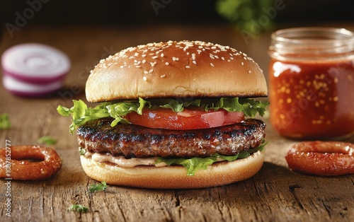 Delicious burger with fresh vegetables and sauce served on a wooden table in ...