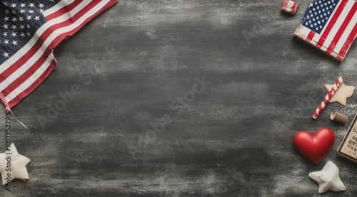 Decorative elements for a summer celebration with American flag, stars, and p...