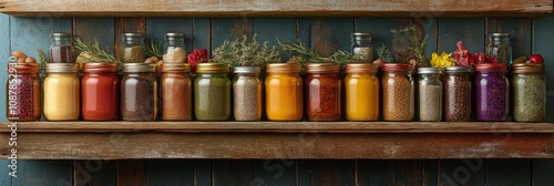 A vibrant collection of glass jars filled with spices arranged on a rustic wo...