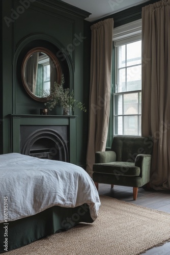 Cozy green bedroom with fireplace and stylish armchair on a calm afternoon