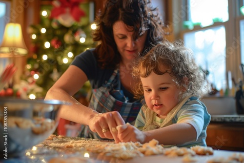 Mother and child share joy baking holiday cookies