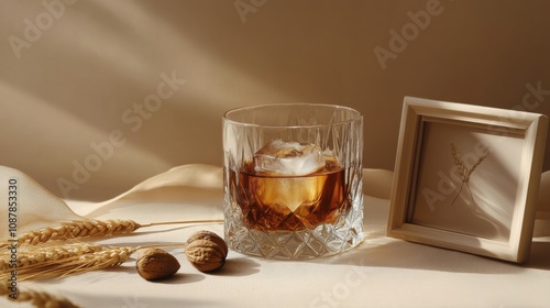 A glass of whiskey with ice and peanuts on a warm, neutral toned table in sof...