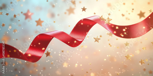 Red ribbon with golden stars on festive background