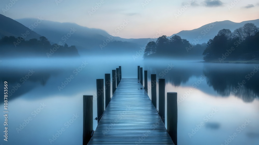 Naklejka premium A wooden pier extends out into a misty lake with mountains in the background.