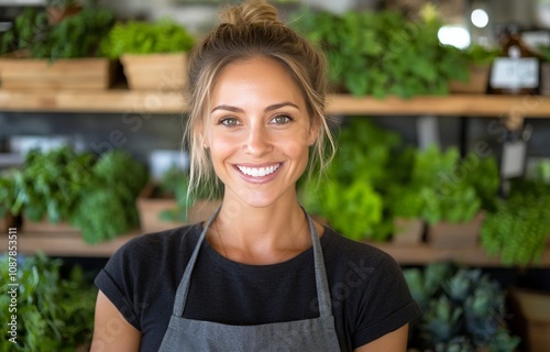 Young woman smiles in an urban market surrounded by fresh herbs and greens