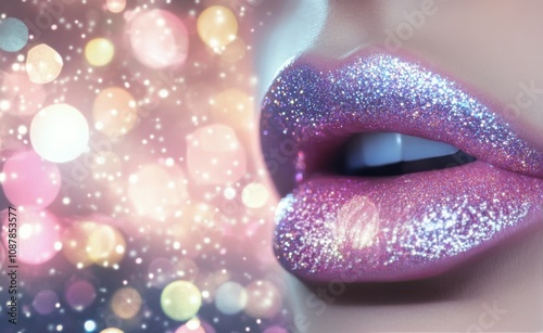 Close up of sparkling lips with shimmering glitter under colorful lights at a...