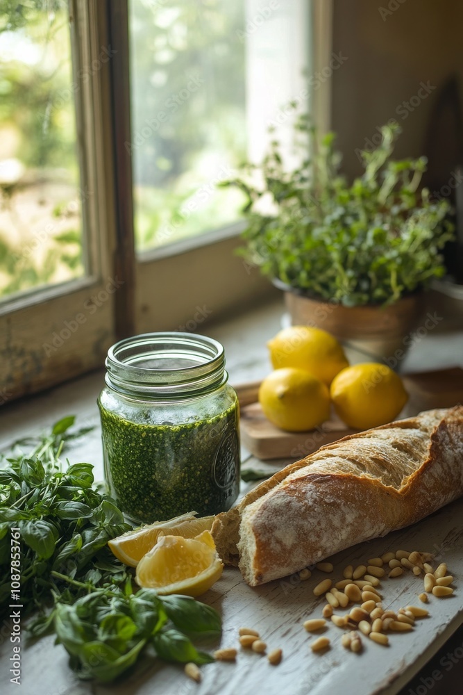 Fresh ingredients displayed with homemade pesto and bread on a rustic table in daylight Fresh ingredients displayed with homemade pesto and bread on a rustic table in daylight