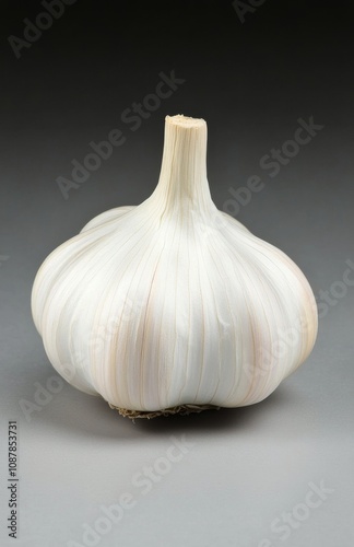 Fresh garlic cloves and bulbs arranged on a rustic gray surface for cooking a...