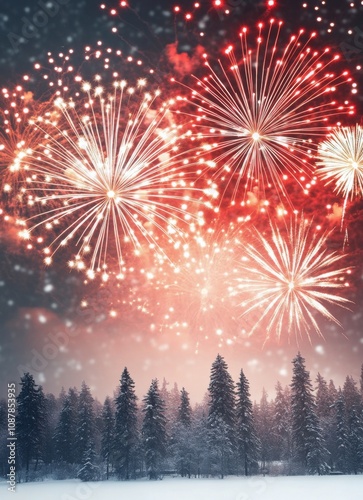 Colorful fireworks illuminate the winter night sky over a snowy landscape dur...