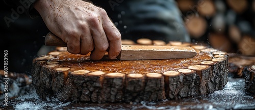 A hand using a knife to carve a wooden surface with a rustic background.