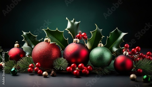 Beautiful dark christmas scene with christmasbaubles and holly, red and green photo