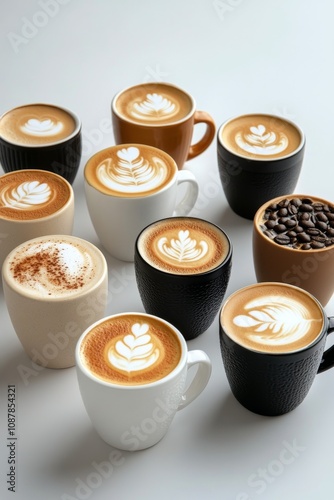 A variety of coffee cups with latte art displayed on a white surface in a coz...